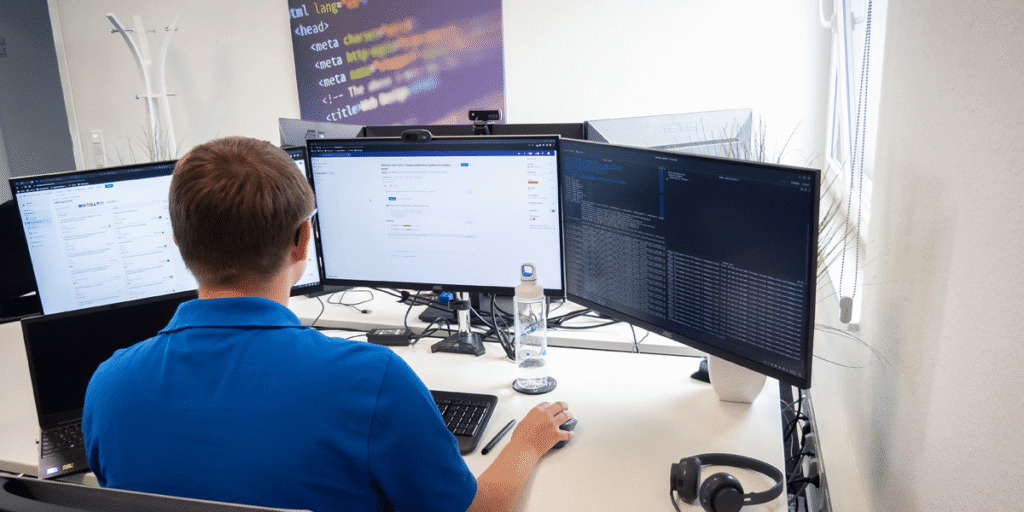 Eine Person in einem blauen Hemd sitzt an einem Schreibtisch und arbeitet an drei Computermonitoren, die Code, E-Mails und andere digitale Inhalte in einem hellen, modernen Büro anzeigen. Auf dem Schreibtisch befinden sich eine Wasserflasche, Kopfhörer und eine Tastatur.