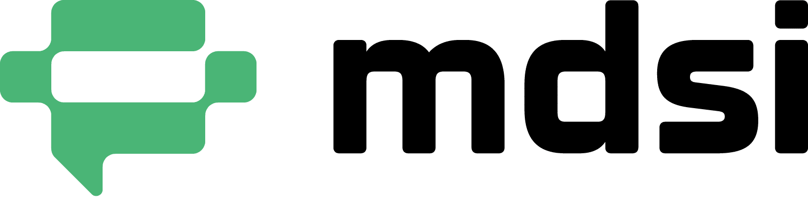 Auf ein grünes Sprechblasensymbol folgen die fetten, schwarzen Kleinbuchstaben mdsi auf hellgrauem Hintergrund.