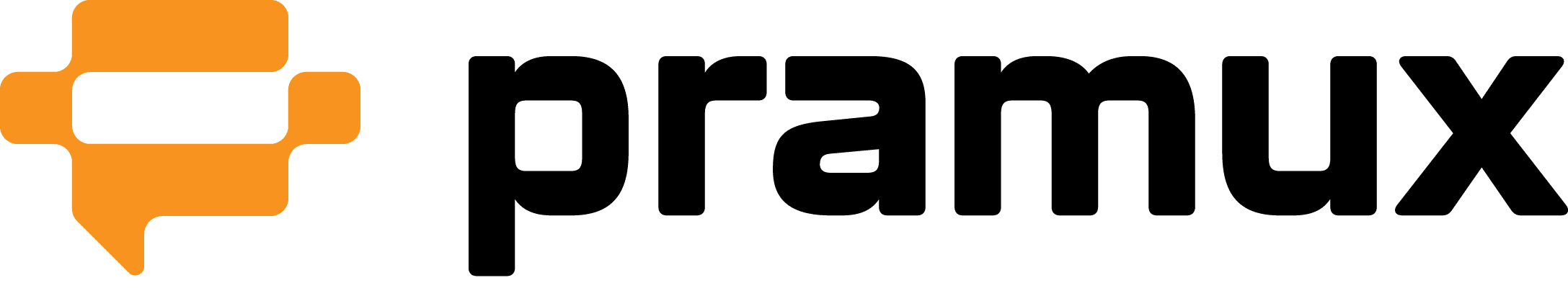 Das Bild zeigt das Pramux-Logo mit einem orangefarbenen Sprechblasensymbol auf der linken Seite und dem Wort pramux in fetten, schwarzen Kleinbuchstaben auf hellem Hintergrund.