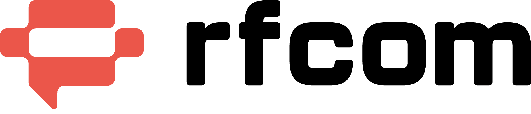 Ein rotes Sprechblasensymbol neben dem schwarzen Kleinbuchstaben rfcom auf hellgrauem Hintergrund.