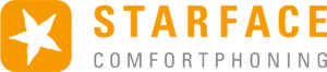 Das Bild zeigt das STARFACE Logo mit einem weißen sternförmigen Symbol auf einem orangefarbenen Quadrat, gefolgt von den Worten STARFACE in fetten orangefarbenen Buchstaben und COMFORPHONING in grauen Buchstaben darunter.