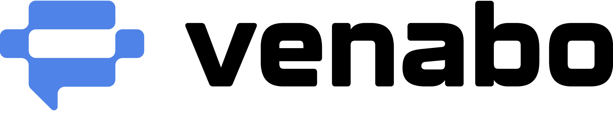 Venabo-Logo mit einem blauen Chat-Bubble-Symbol auf der linken Seite und dem Wort venabo in fetten, schwarzen Kleinbuchstaben auf der rechten Seite.
