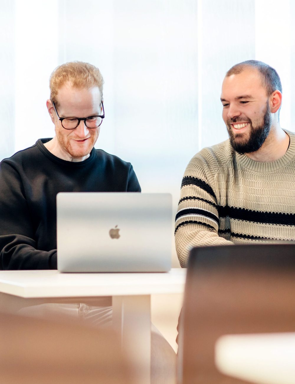 Zwei Männer sitzen an einem Tisch, lächeln und schauen gemeinsam auf einen Laptop in einem hellen Raum mit einem Fenster und einer kleinen Pflanze und diskutieren über Ideen für den öffentlichen Sektor.